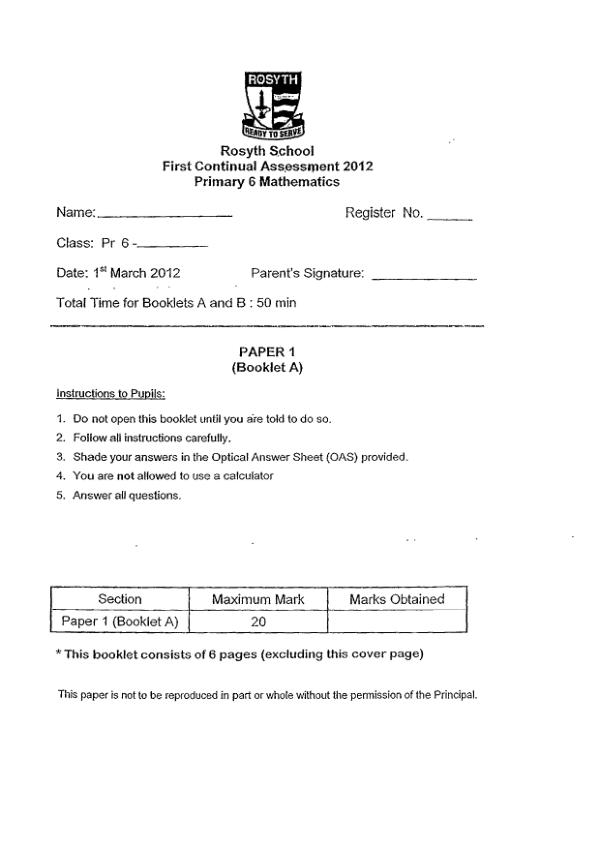 Rosyth P6 Math WA1 2012 exam paper PDF first page preview