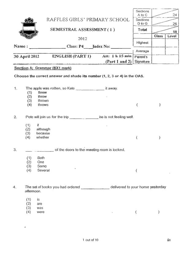 Raffles Girls P4 Eng WA2 2012 exam paper PDF first page preview
