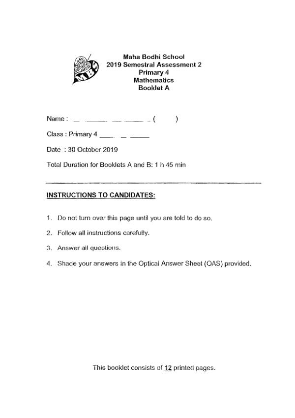 First page preview of P4 Math 2019 SA2 — Maha Bodhi