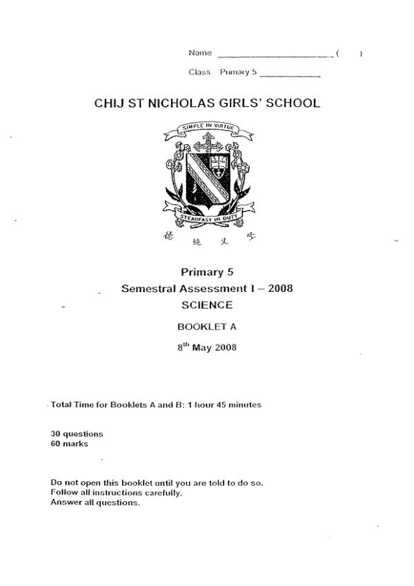 CHIJ P5 Sci WA2 2008 exam paper PDF preview