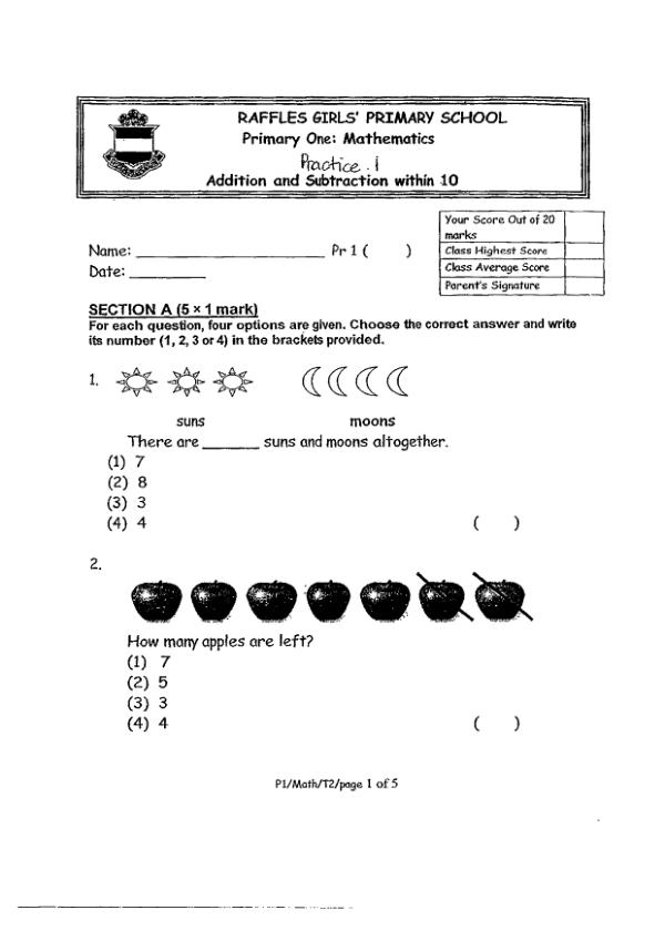 Raffles Girls P1 Math WA1 2013 exam paper PDF first page preview
