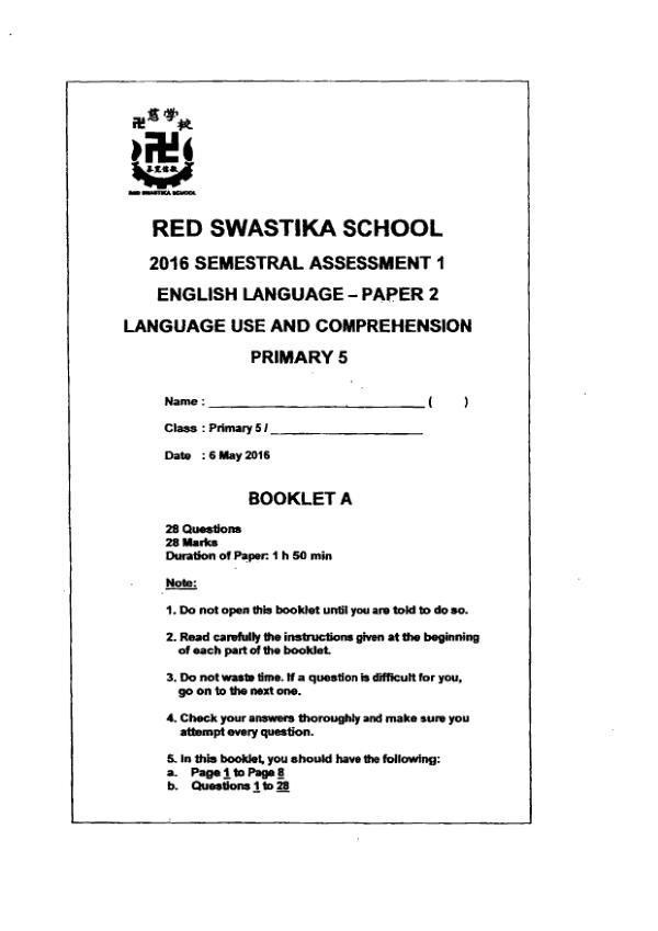 Red Swastika P5 Eng WA2 2016 exam paper PDF first page preview