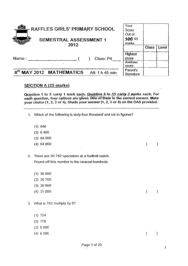 Raffles Girls P4 Math WA2 2012 exam paper PDF preview