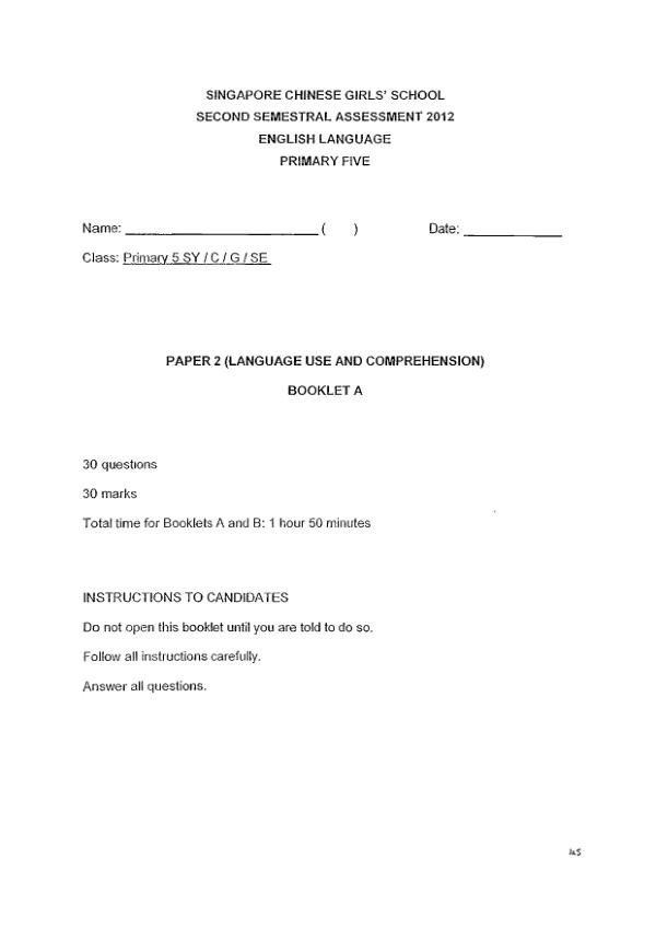 Singapore Chinese Girls P5 Eng SA2 2012 exam paper PDF preview