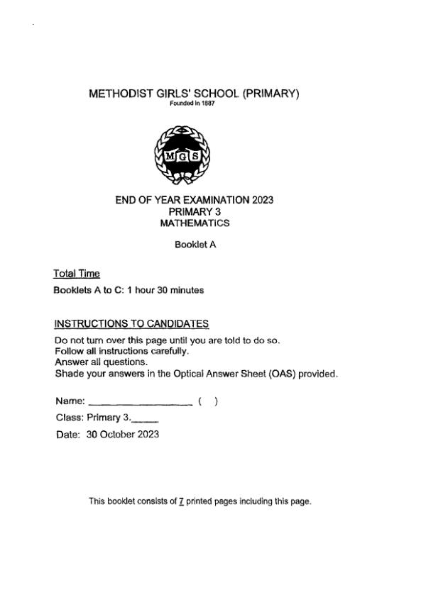 First page preview of P3 Math 2023 SA2 — Methodist Girls