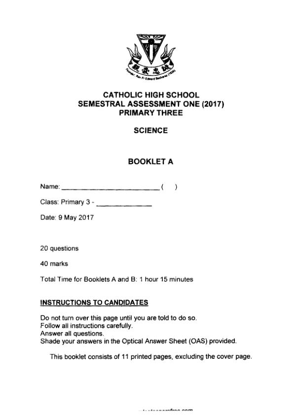 Catholic High P3 Sci WA2 2017 exam paper PDF preview