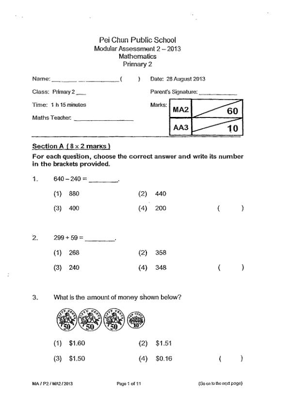 Pei Chun P2 Math WA3 2013 exam paper PDF preview