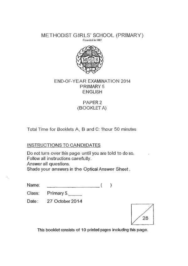 Methodist Girls P5 Eng SA2 2014 exam paper PDF first page preview