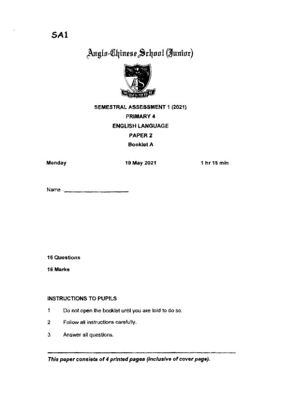 Anglo Chinese P4 Eng WA2 2021 exam paper PDF first page preview