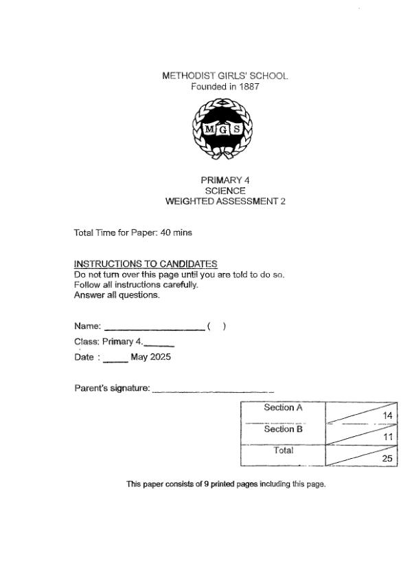 First page preview of P4 Sci 2025 WA2 — Methodist Girls