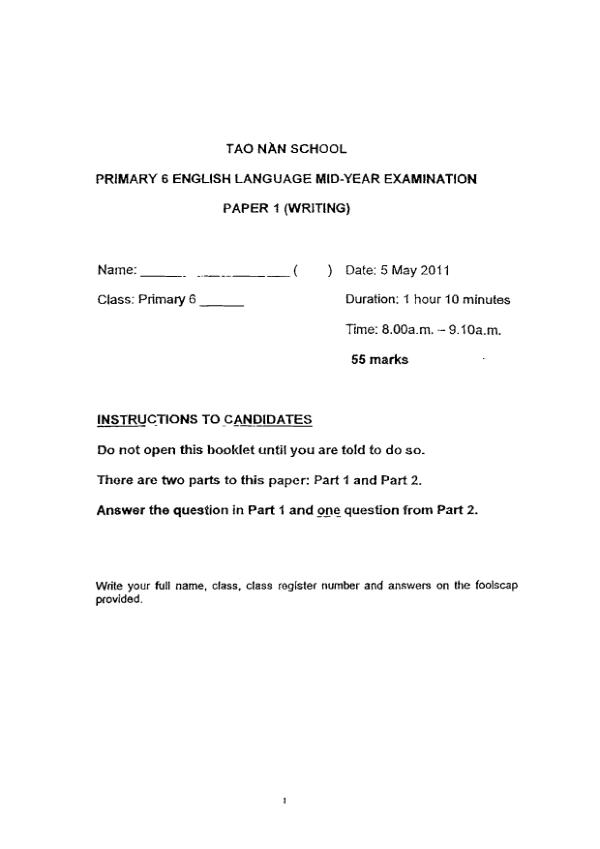 Tao Nan P6 Eng WA2 2011 exam paper PDF preview
