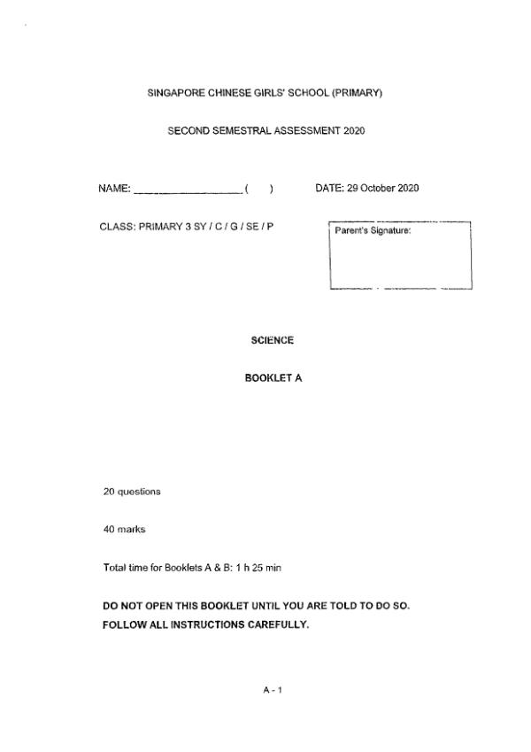 Singapore Chinese Girls P3 Sci SA2 2020 exam paper PDF preview