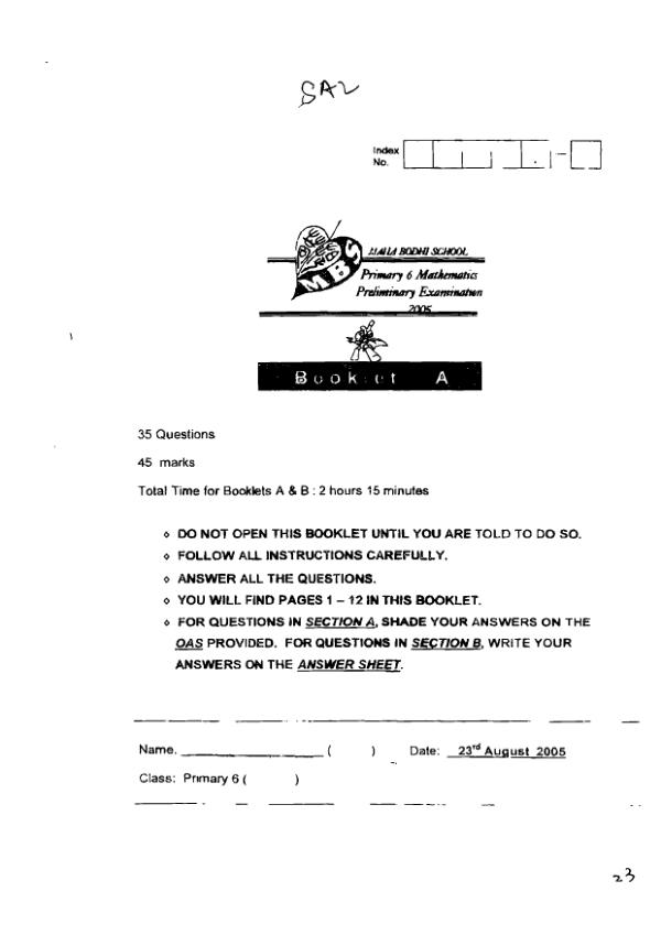 Maha Bodhi P6 Math SA2 2005 exam paper PDF first page preview