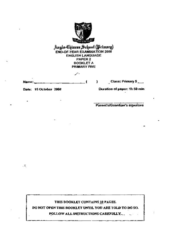 Anglo Chinese P5 Eng SA2 2008 exam paper PDF first page preview