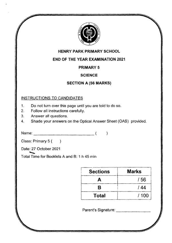 Henry Park P5 Sci SA2 2021 exam paper PDF first page preview