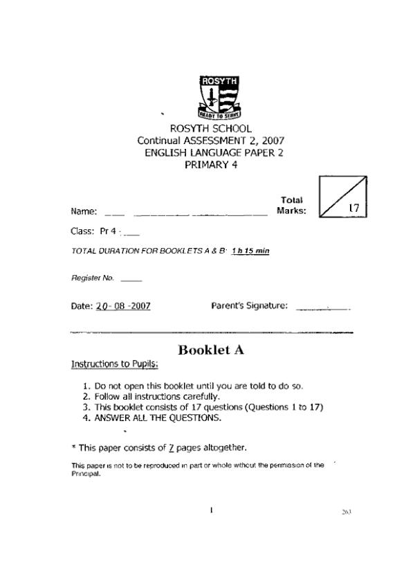 Rosyth P4 Eng WA3 2007 exam paper PDF preview
