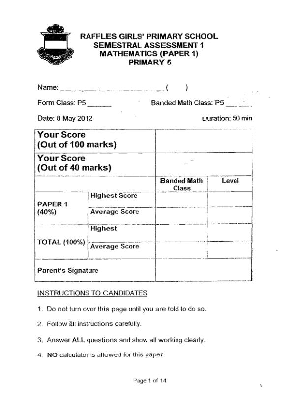 Raffles Girls P5 Math WA2 2012 exam paper PDF preview