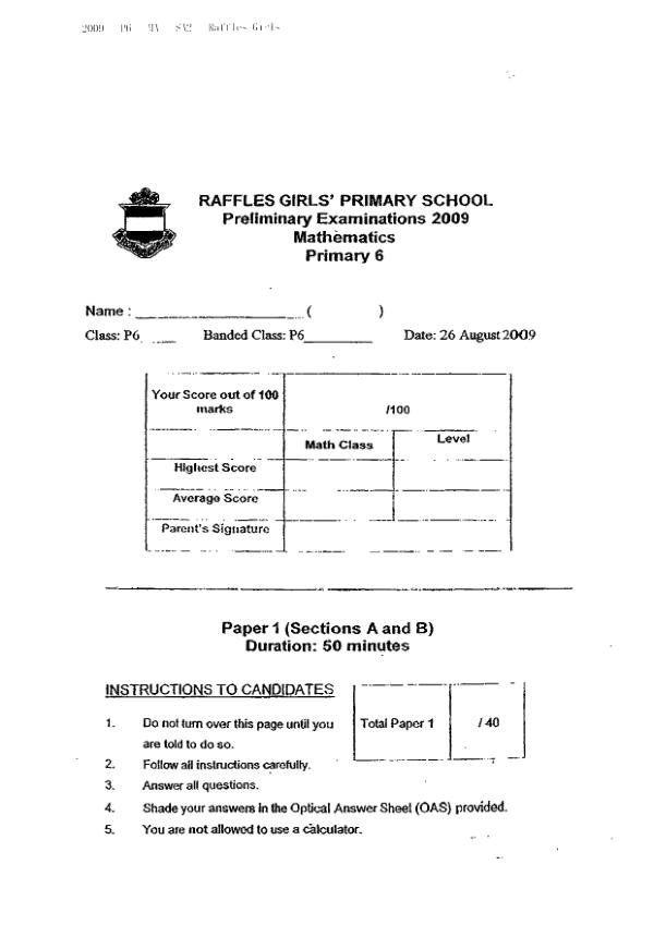 Raffles Girls P6 Math SA2 2009 exam paper PDF preview
