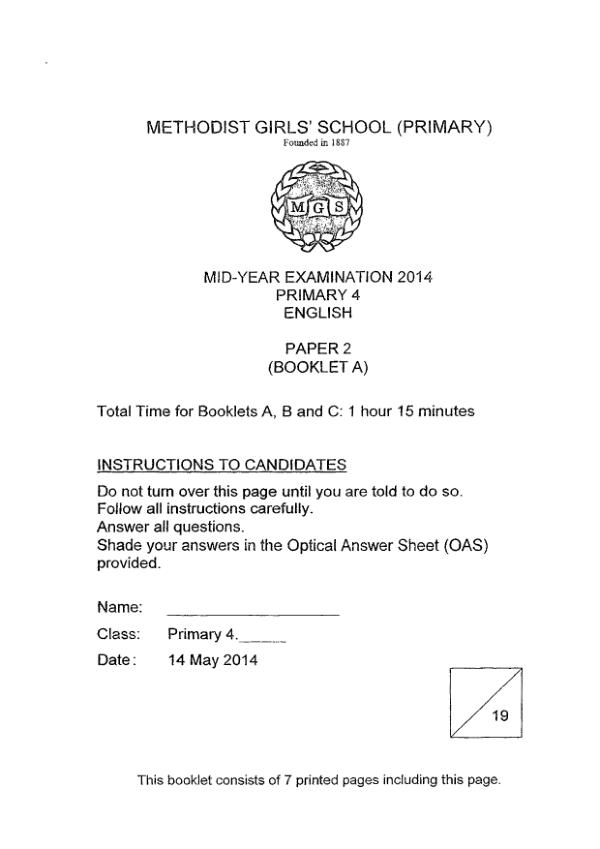 Methodist Girls P4 Eng WA2 2014 exam paper PDF first page preview