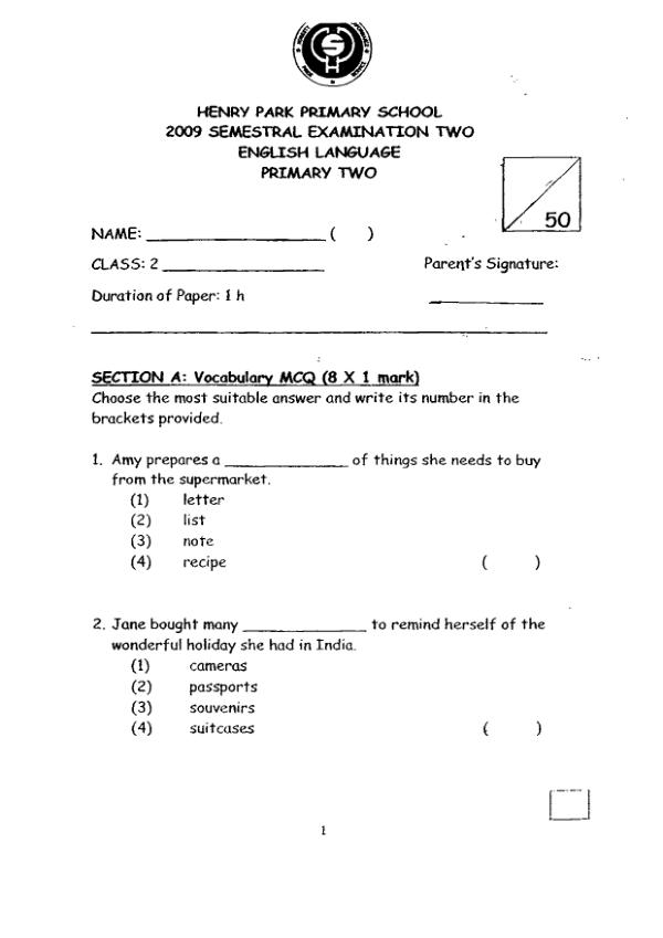 Henry Park P2 Eng SA2 2009 exam paper PDF preview