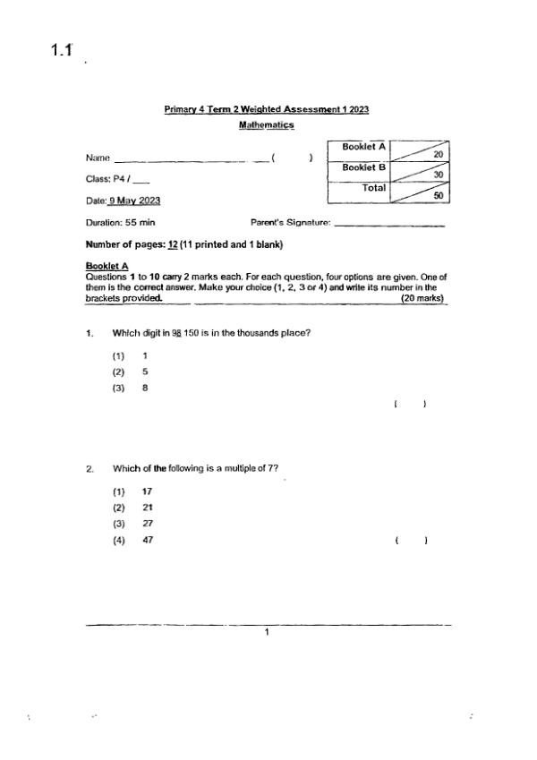 First page preview of P4 Math 2023 WA2 — St Hildas