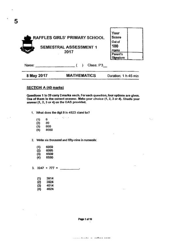 First page preview of P3 Math 2017 WA2 — Raffles Girls