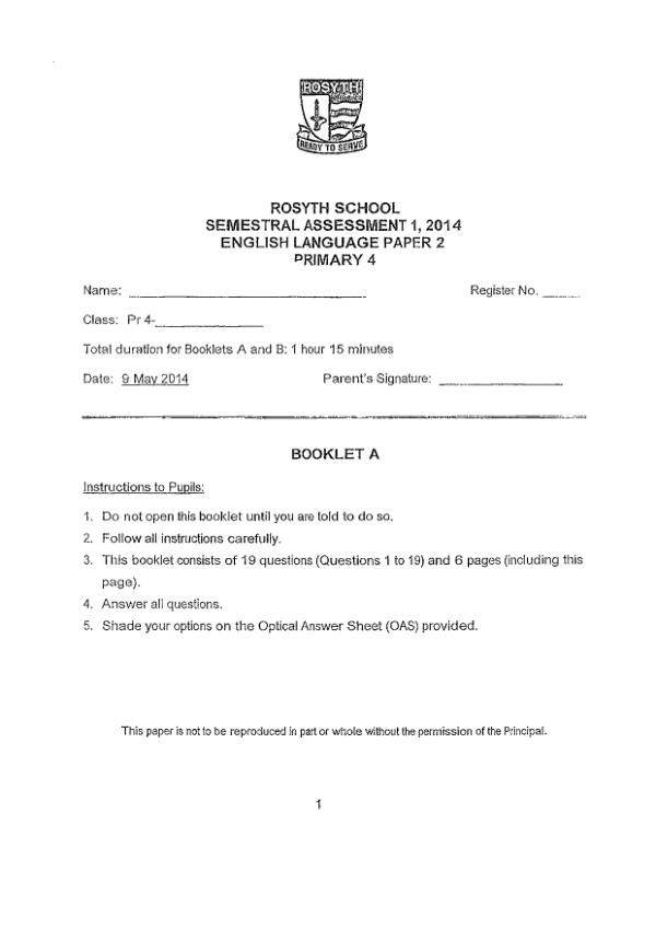 Rosyth P4 Eng WA2 2014 exam paper PDF first page preview