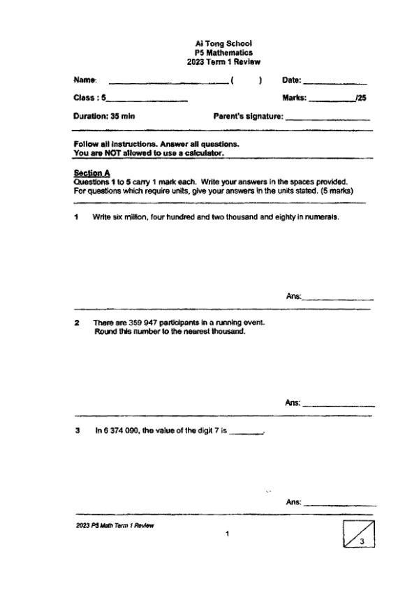 First page preview of P5 Math 2023 WA1 — Ai Tong