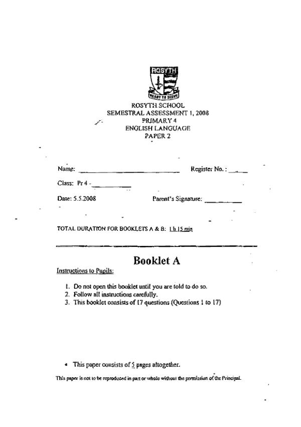 Rosyth P4 Eng WA2 2008 exam paper PDF preview
