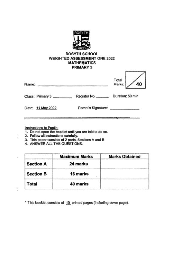 First page preview of P3 Math 2022 WA1 — Rosyth