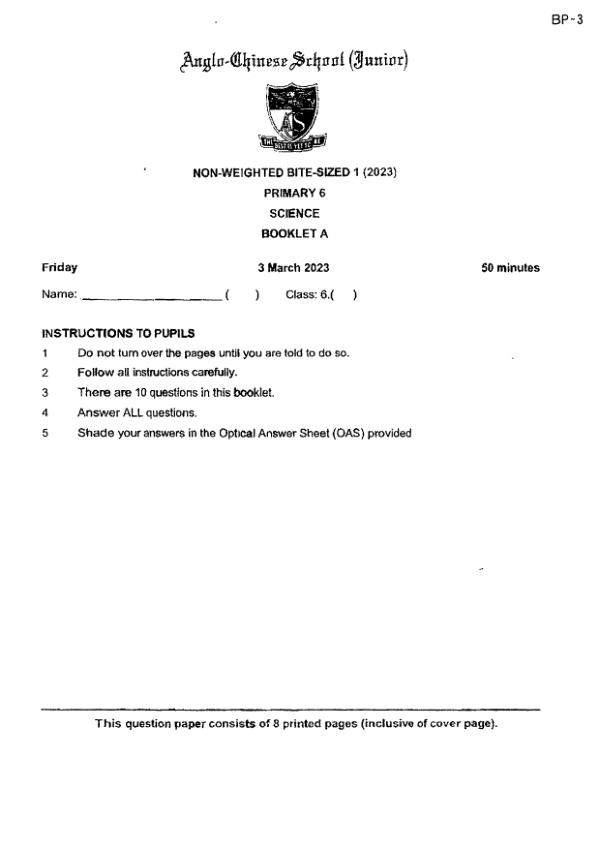 First page preview of P6 Sci 2023 WA1 — Anglo Chinese