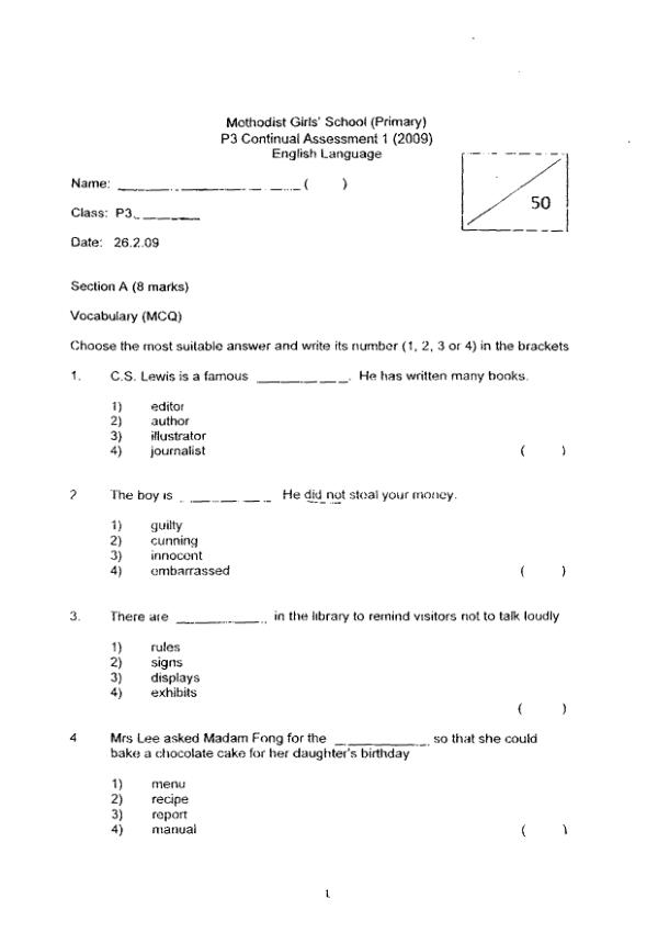 Methodist Girls P3 Eng WA1 2009 exam paper PDF preview