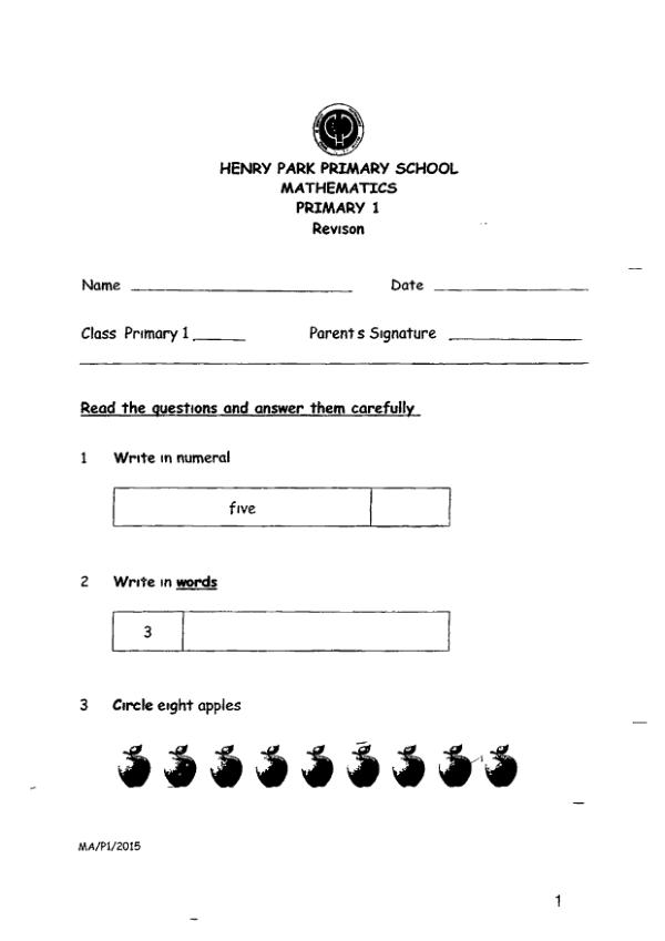 First page preview of P1 Math 2015 WA2 — Henry Park