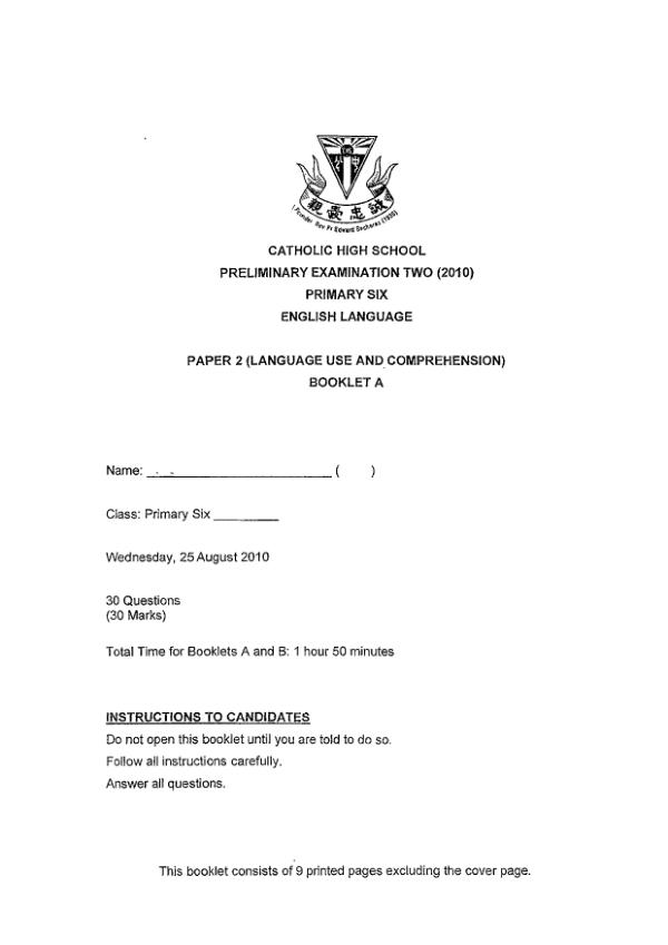 Catholic High P6 Eng SA2 2010 exam paper PDF preview