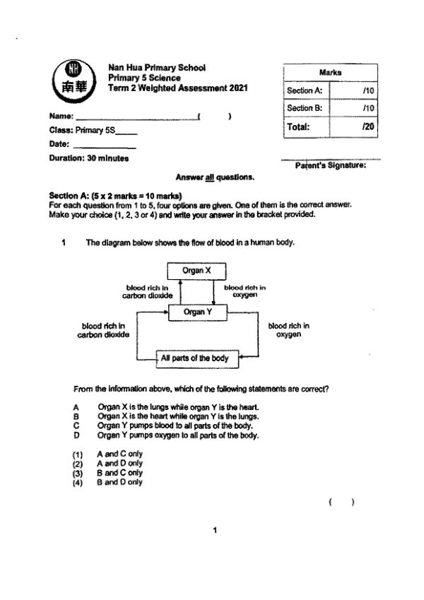 Nan Hua P5 Sci WA2 2021 exam paper PDF first page preview