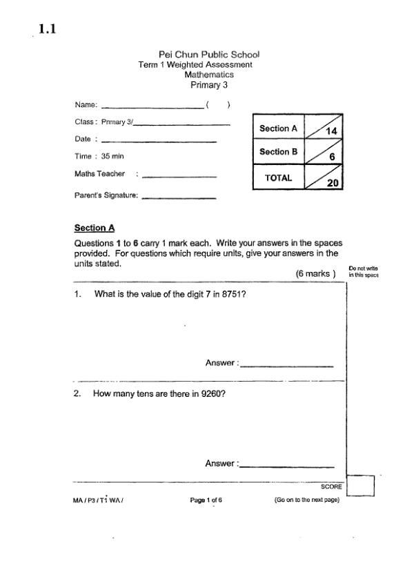 First page preview of P3 Math 2023 WA1 — Pei Chun