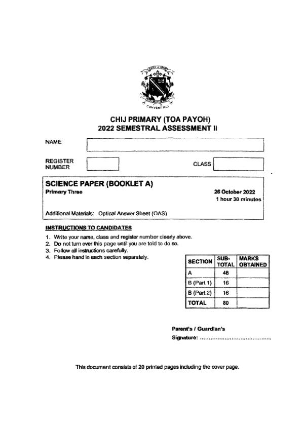 CHIJ P3 Sci SA2 2022 exam paper PDF first page preview
