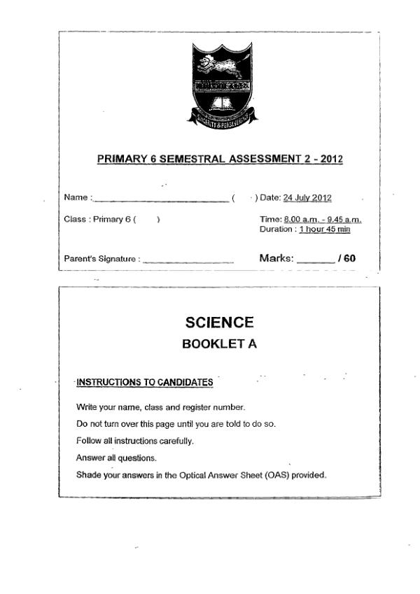 Tao Nan P6 Sci SA2 2012 exam paper PDF preview