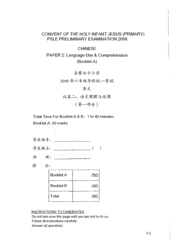 CHIJ P6 Chi SA2 2008 exam paper PDF preview