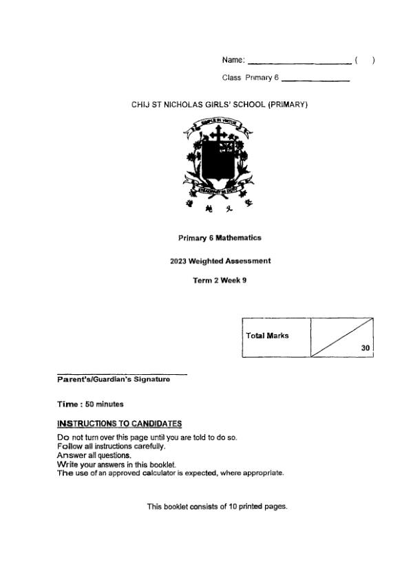 First page preview of P6 Math 2023 WA2 — CHIJ