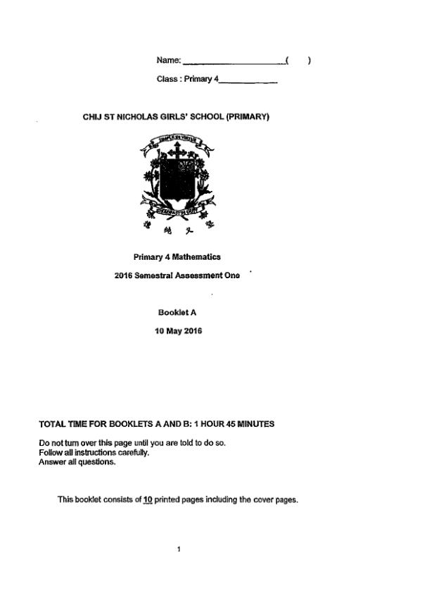 First page preview of P4 Math 2016 WA2 — CHIJ