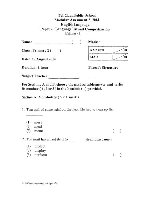 Pei Chun P2 Eng WA3 2014 exam paper PDF preview