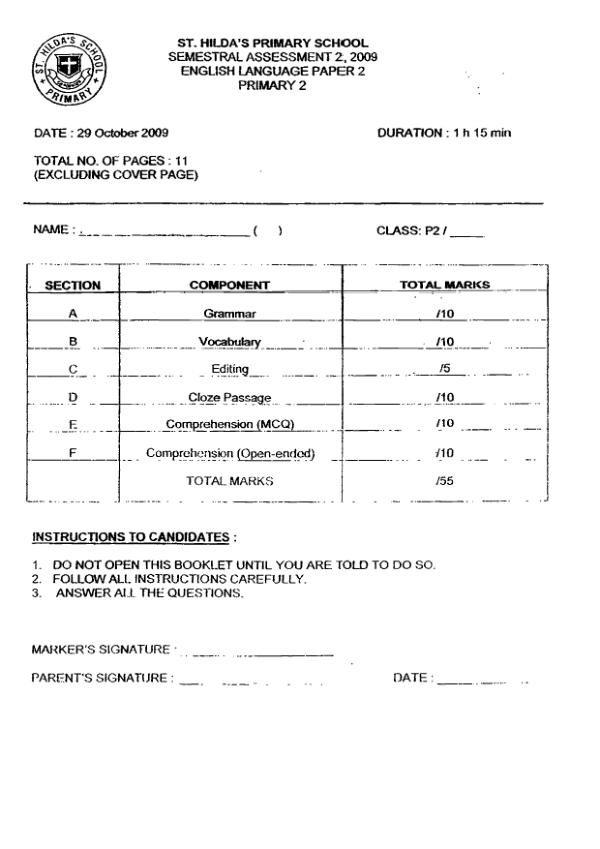 St Hildas P2 Eng SA2 2009 exam paper PDF preview