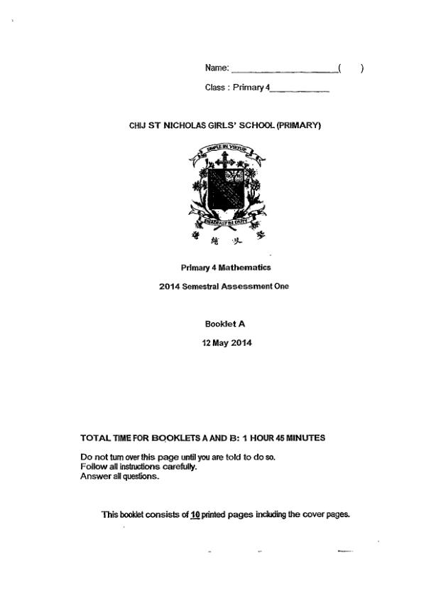 CHIJ P4 Math WA2 2014 exam paper PDF preview