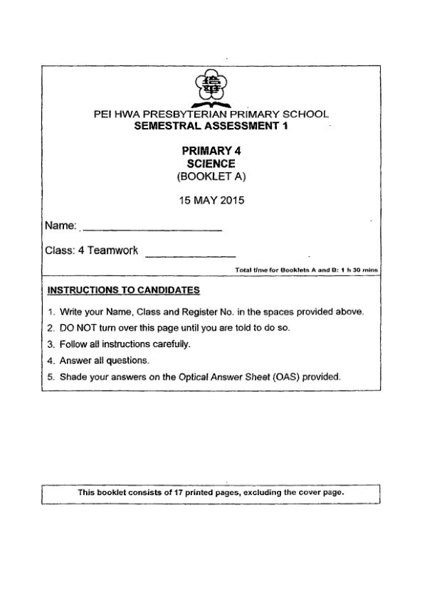 Pei Hwa P4 Sci WA2 2015 exam paper PDF first page preview