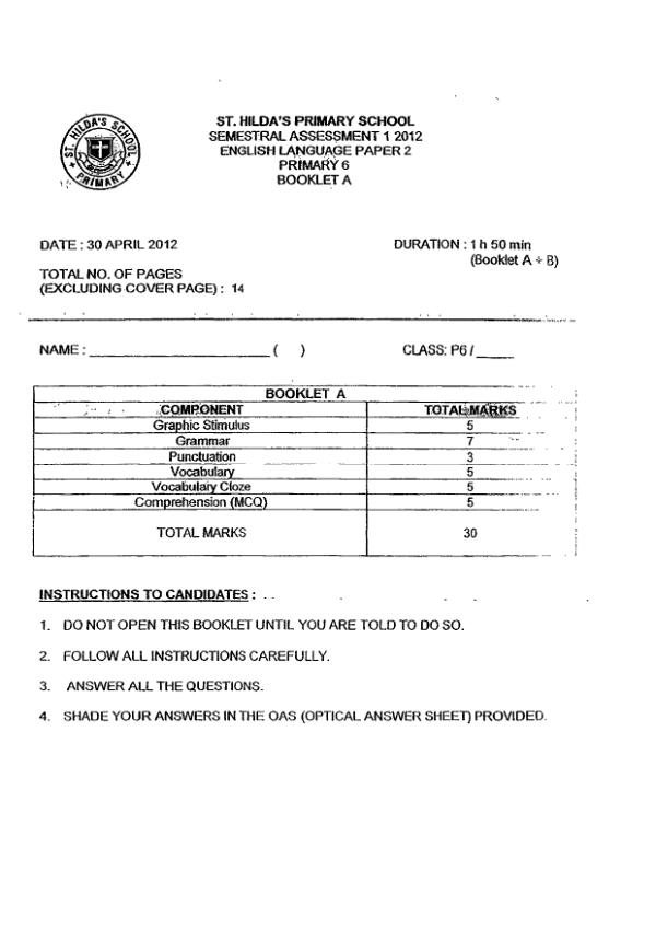 St Hildas P6 Eng WA2 2012 exam paper PDF first page preview