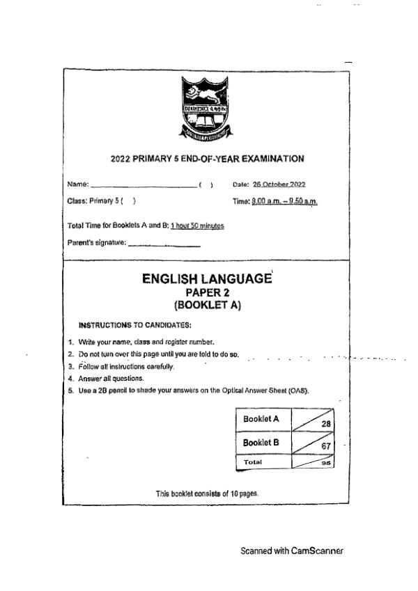 Tao Nan P5 Eng SA2 2022 exam paper PDF first page preview