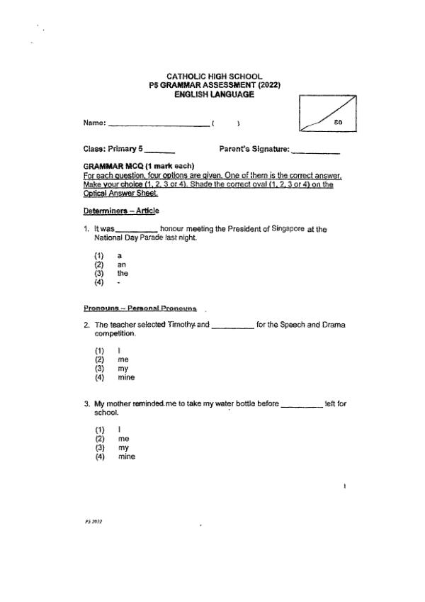 Catholic High P5 Eng WA3 2022 exam paper PDF first page preview