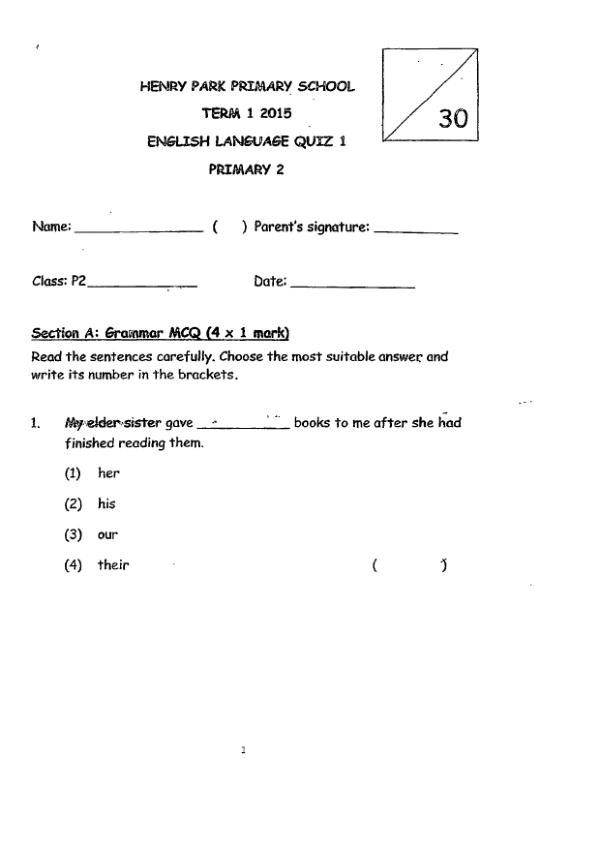 Henry Park P2 Eng WA1 2015 exam paper PDF first page preview