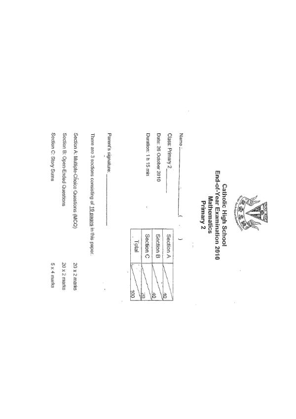 Catholic High P2 Math SA2 2010 exam paper PDF preview